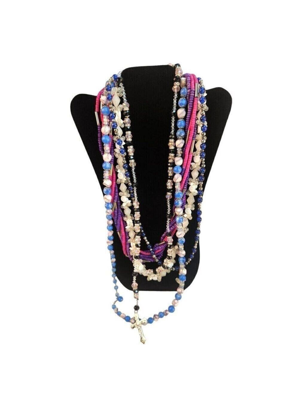Multicolor Beaded Necklace Set With Rosary Cross & Stretch Bands Lot of 5